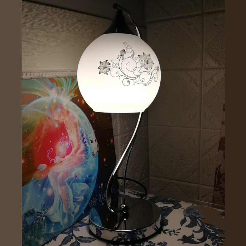 Silver Gooseneck Table Lamp Minimalist 1-Light Metal Table Light with Spherical White Glass Shade