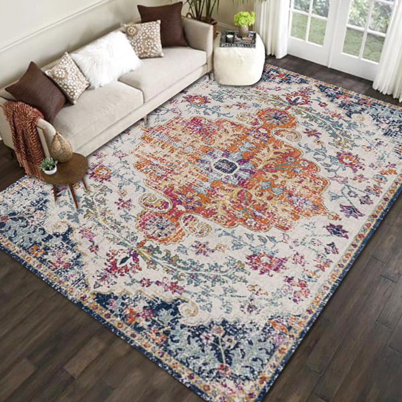 Whitewashed Ethnic Indoor Rug Distinctive Shabby Chic Rug Friendly Washable Carpet for Living Room
