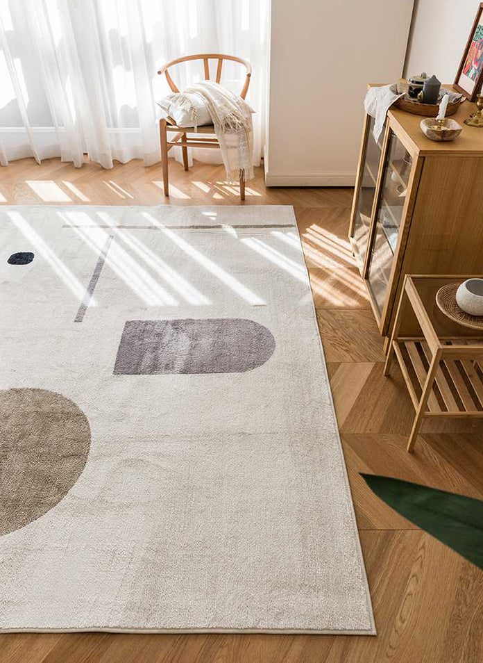 White Tone Random Lines Rug Polyester Carpet Minimalist Anti-Slip Backing Indoor Rug for Living Room