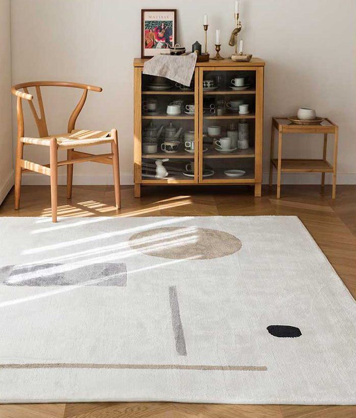 White Tone Random Lines Rug Polyester Carpet Minimalist Anti-Slip Backing Indoor Rug for Living Room