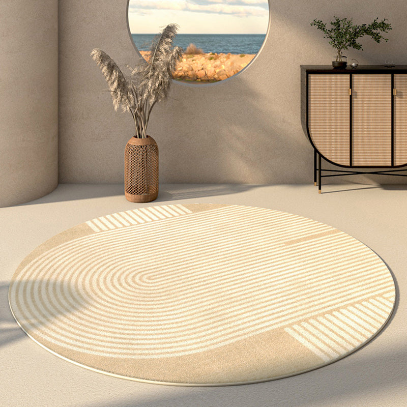 Round Apricot Tone Simple Area Carpet Polyester Stripe Indoor Rug Easy Care Carpet for Living Room