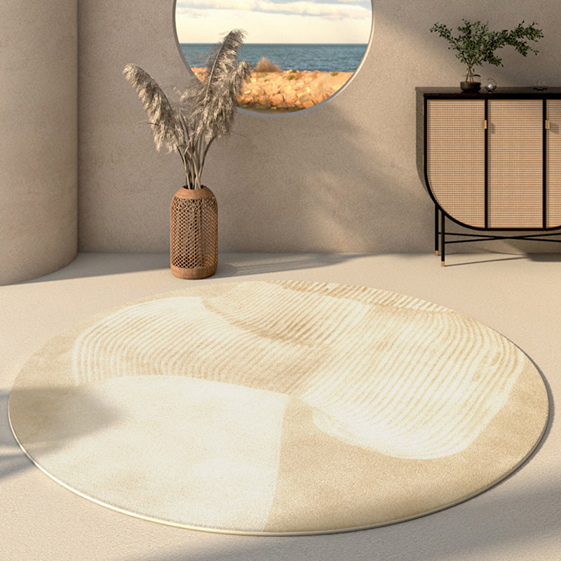 Round Apricot Tone Simple Area Carpet Polyester Stripe Indoor Rug Easy Care Carpet for Living Room