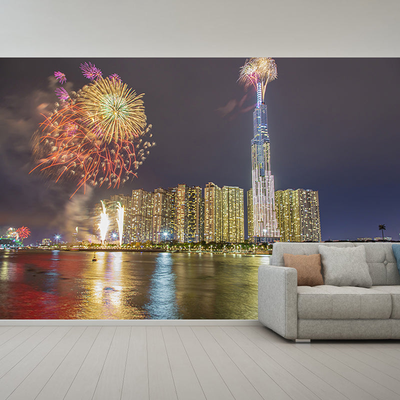 Photography City View Mural Moisture Resistant Wall Covering for Home Decoration