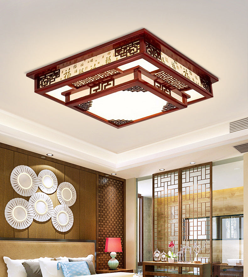 Modern LED Flush Mount Squared Wood Flush Ceiling Light for Living Room