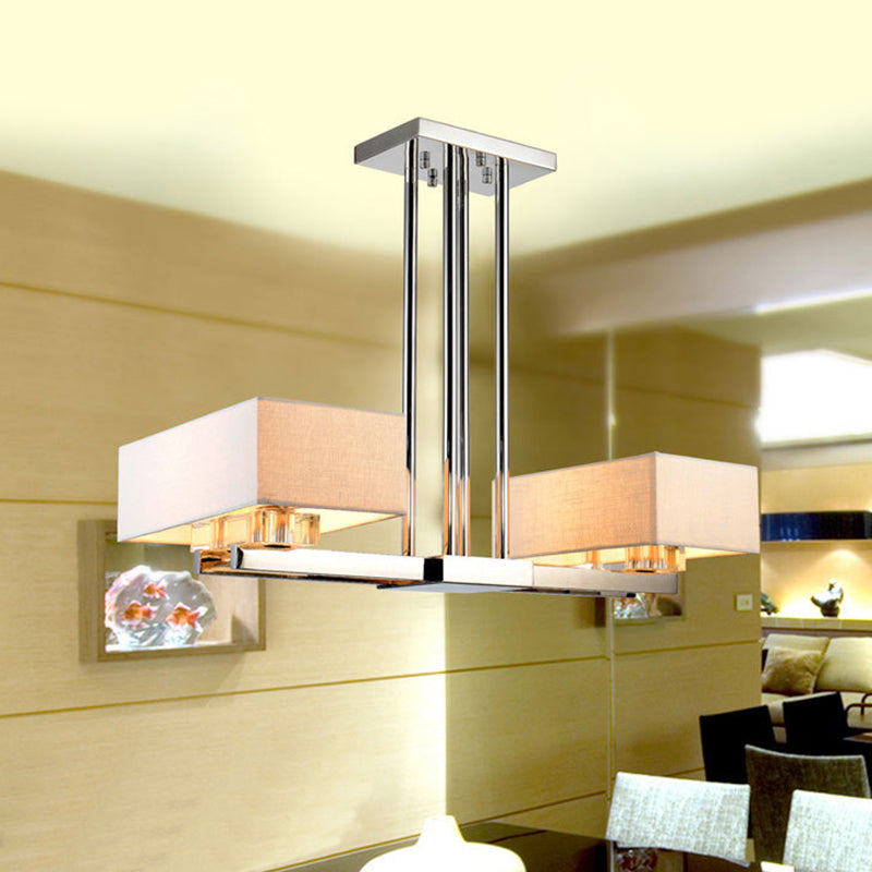 Fabric Chrome Hanging Pendant Light Rectangle 2/4/6 Bulbs Classic Island Lamp for Dining Room