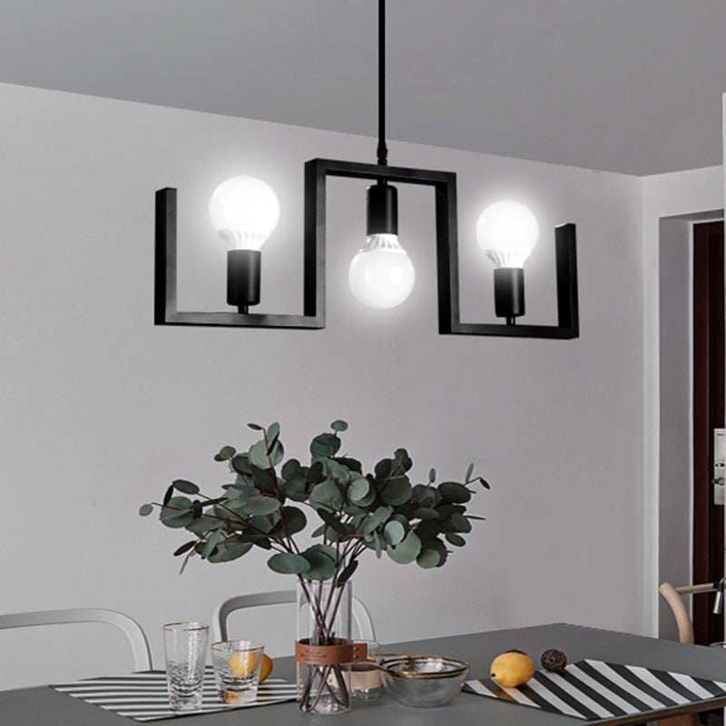 Classic Exposed Bulb Hanging Pendant Light 3 Lights Metal Island Lighting in Black