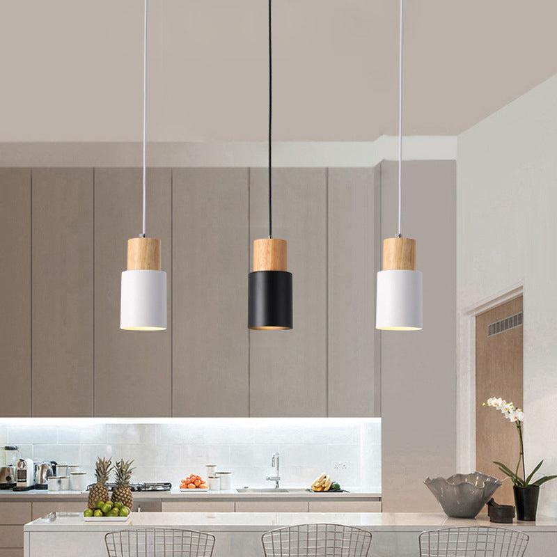 Modern Concise Single Pendant Light Wooden Cylindroid Macaron Hanging Lamp with Wrought Iron Shade