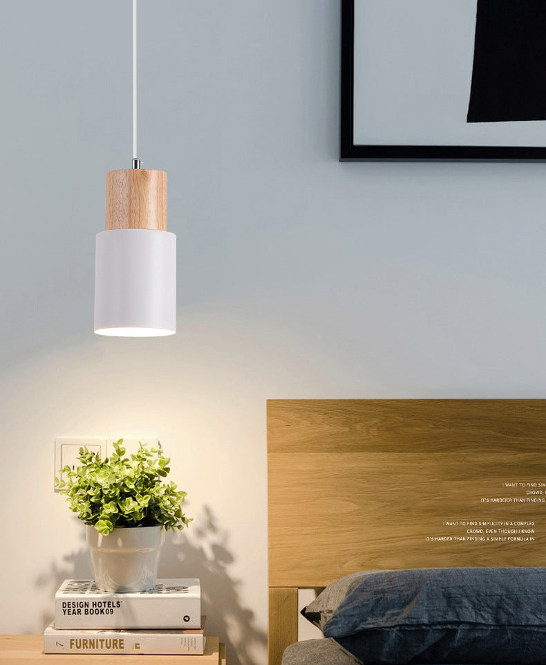 Modern Concise Single Pendant Light Wooden Cylindroid Macaron Hanging Lamp with Wrought Iron Shade