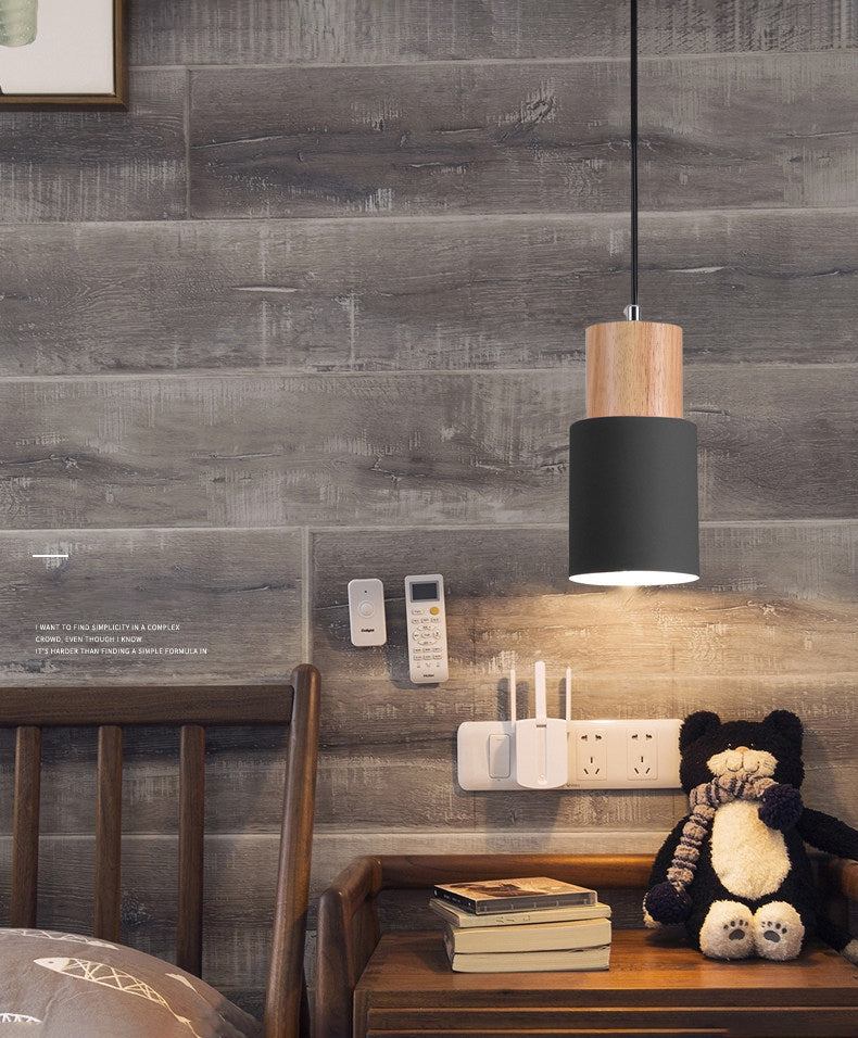 Modern Concise Single Pendant Light Wooden Cylindroid Macaron Hanging Lamp with Wrought Iron Shade
