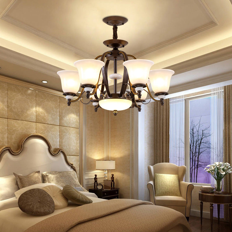 Dark Coffee Bell Shade Chandelier Lamp Traditional White Glass 3/6/8 Light Living Room Hanging Light