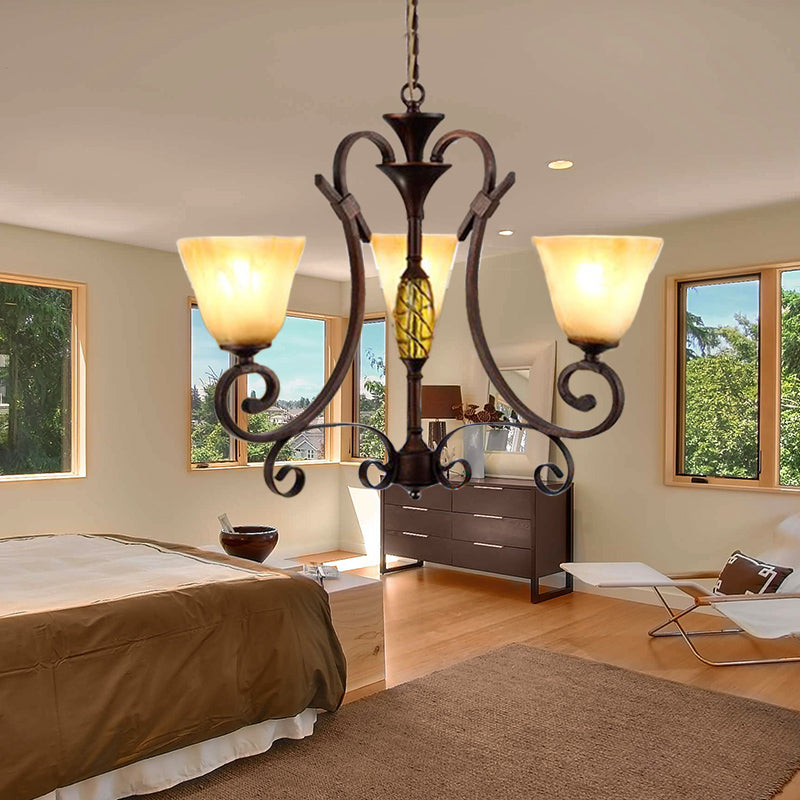 Bell Beige Frosted Glass Chandelier Light Traditional 3 Lights Dining Room Pendant Lighting in Rust