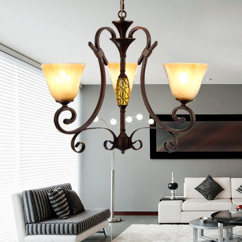 Bell beige lámpara de lámpara de vidrio esmerilado tradicional 3 luces de comedor iluminación colgante en óxido