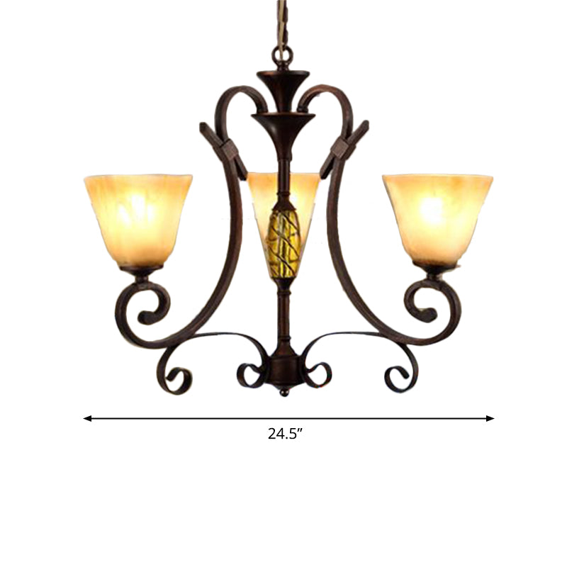 Bell Beige Frosted Glass Chandelier Light Traditional 3 Lights Dining Room Pendant Lighting in Rust