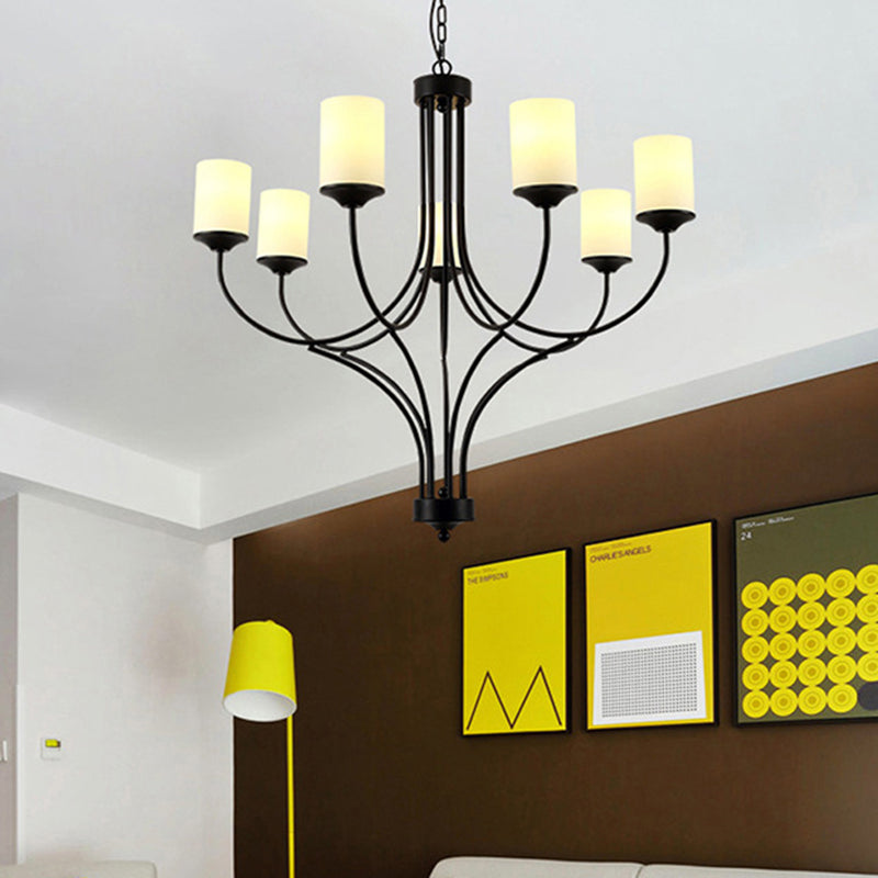 Cylinder Bedroom Pendant Chandelier Traditional Opal Glass 7 Lights Black Hanging Fixture