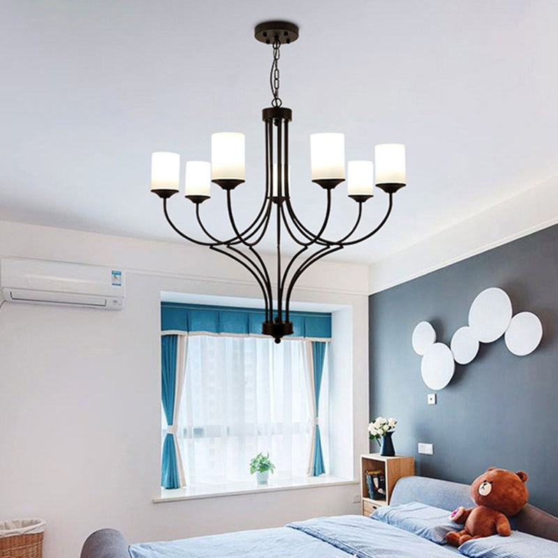Cylinder Bedroom Pendant Chandelier Traditional Opal Glass 7 Lights Black Hanging Fixture