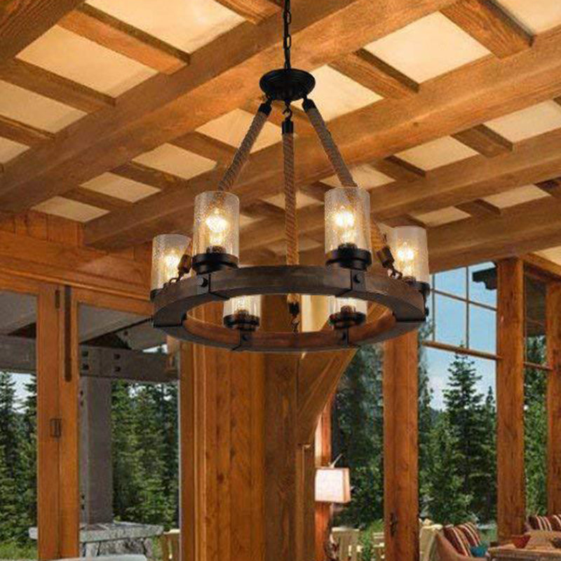 Iluminación colgante de rueda beige madera tradicional 1 lámpara de estar de sala de estar con sombra de cilindro