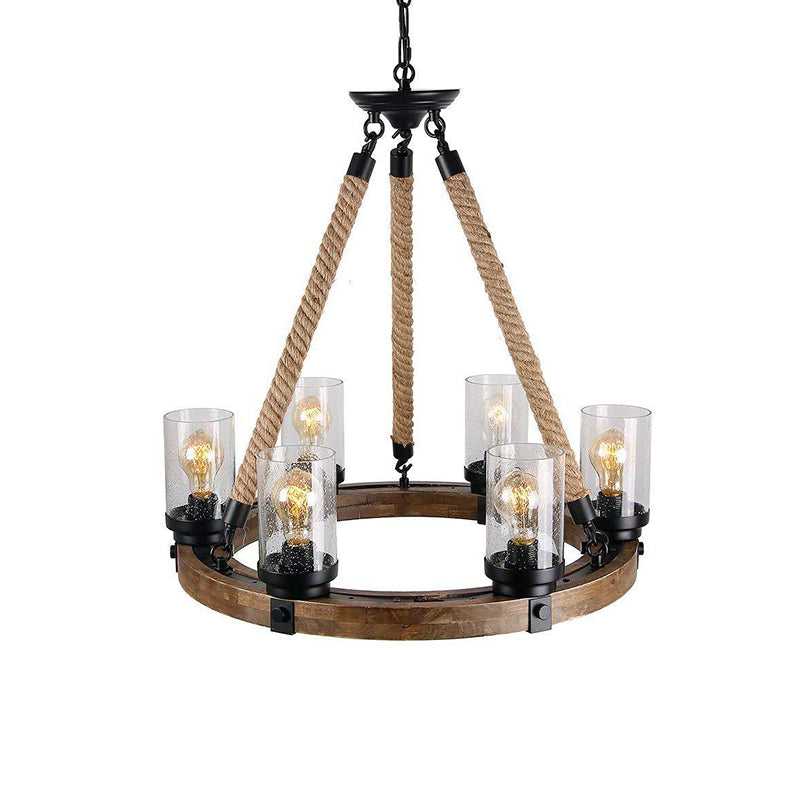 Iluminación colgante de rueda beige madera tradicional 1 lámpara de estar de sala de estar con sombra de cilindro