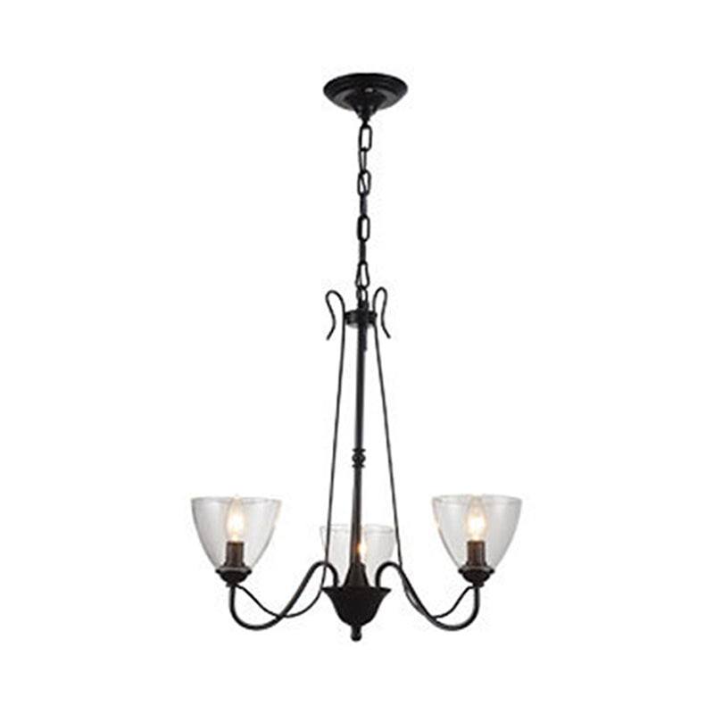 Luz de 3/5 luces negras Candelera colgante de vidrio transparente tradicional Luz colgante con sombra de cono