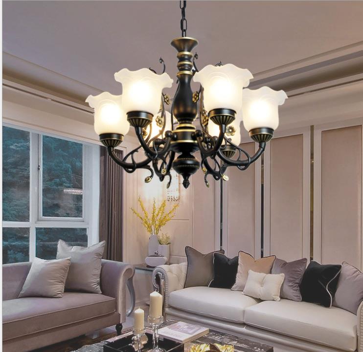 Frosted Textured Glass Flared Hanging Chandelier Traditional 3/5/6 Light Living Room Pendant Light in Black/White