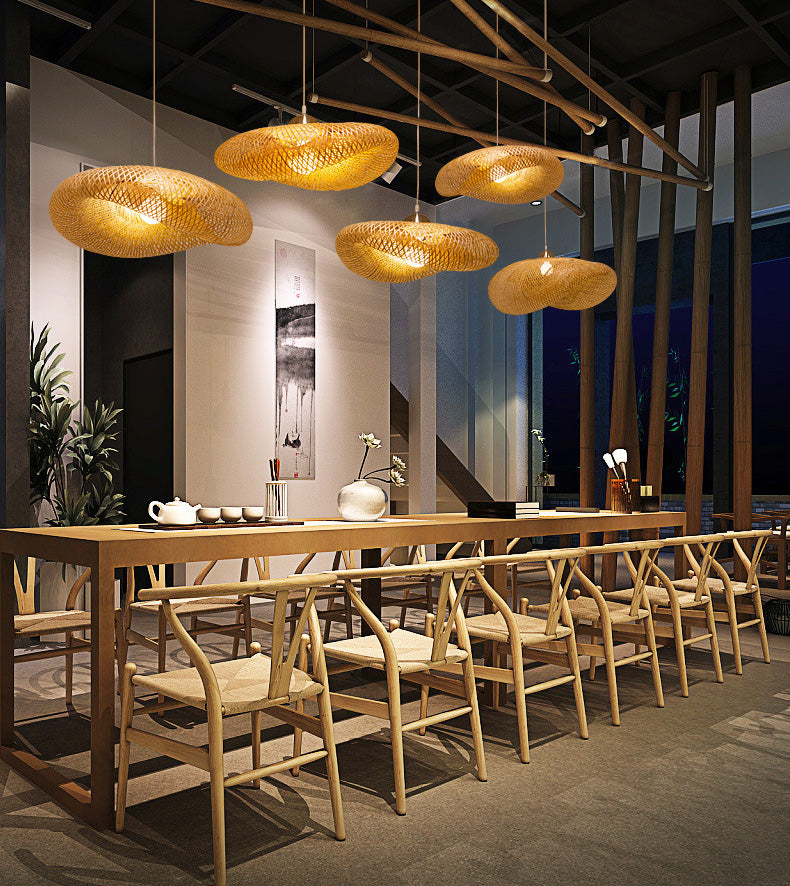 Beige Hat Shaped Pendant Lighting Fixture Asia Style Bamboo Hanging Pendant Light
