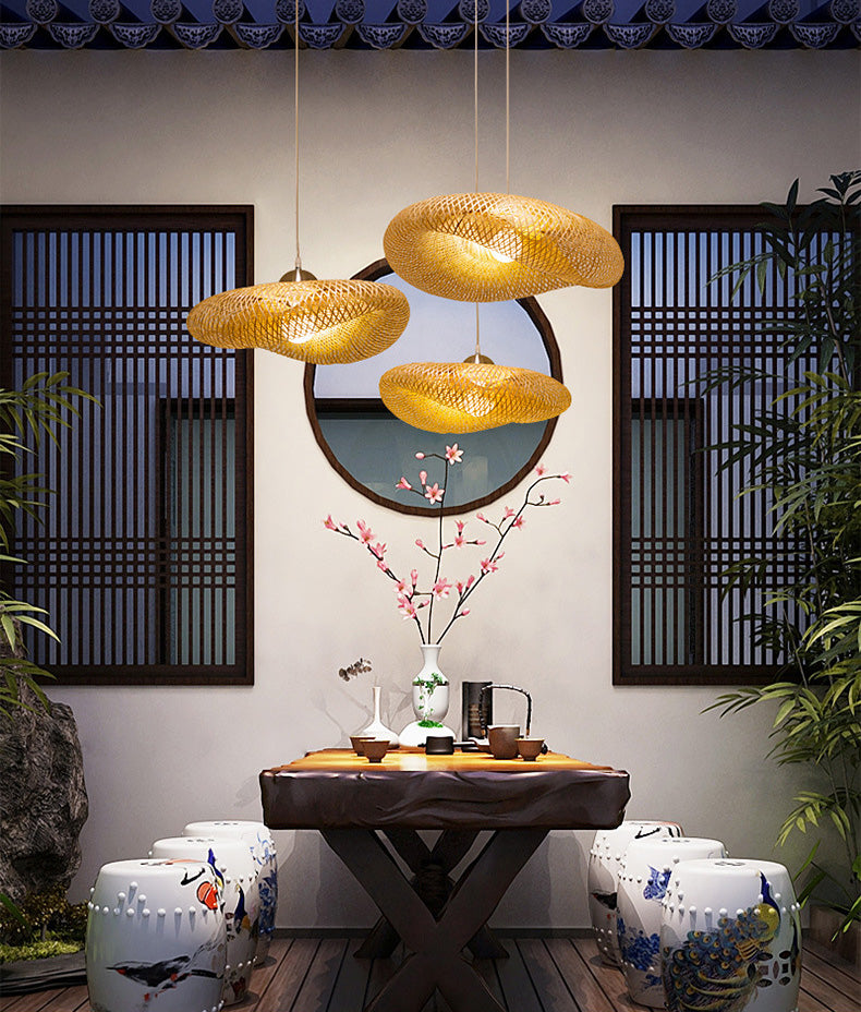 Beige Hat Shaped Pendant Lighting Fixture Asia Style Bamboo Hanging Pendant Light