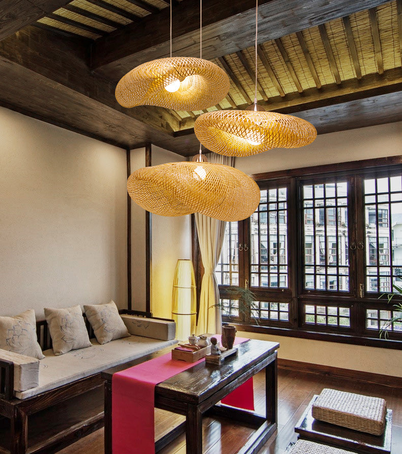 Beige Hat Shaped Pendant Lighting Fixture Asia Style Bamboo Hanging Pendant Light