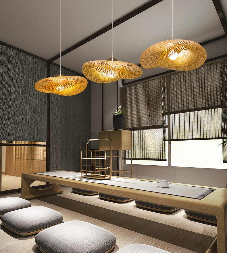 Beige Hat Shaped Pendant Lighting Fixture Asia Style Bamboo Hanging Pendant Light