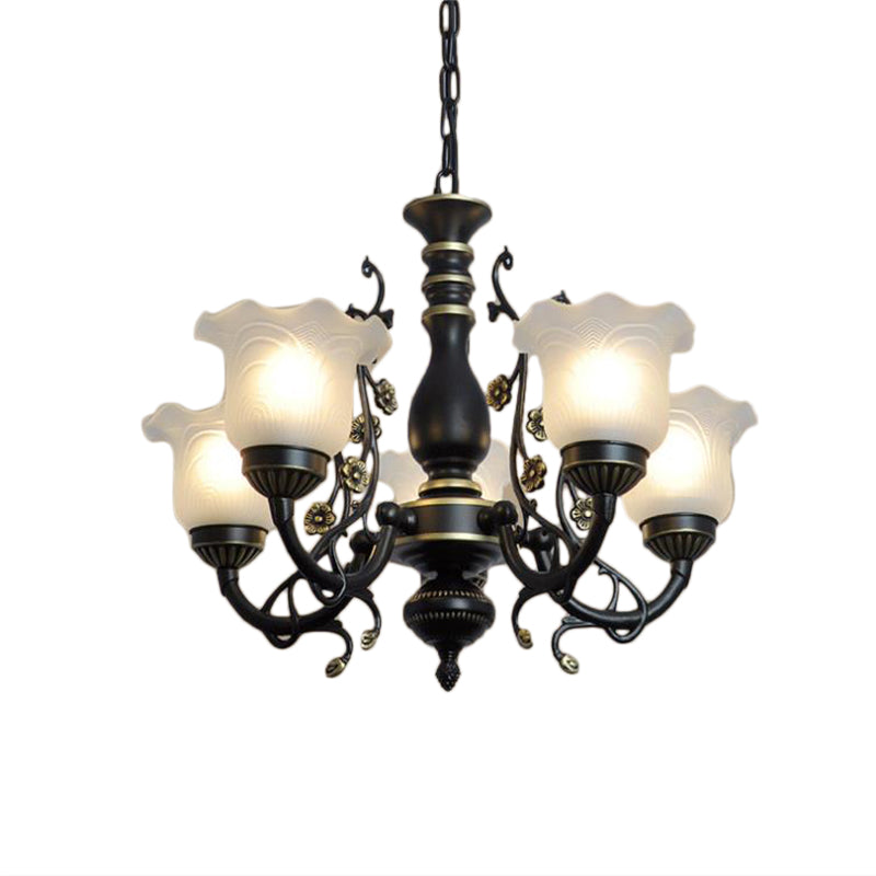 Frosted Textured Glass Flared Hanging Chandelier Traditional 3/5/6 Light Living Room Pendant Light in Black/White