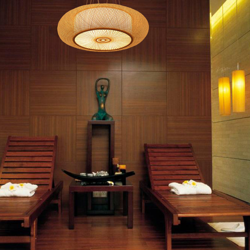 Curved Drum Pendant Lighting Tradition Bamboo 2/3 Bulbs 18"/23.5" Wide Wood Ceiling Hanging Light