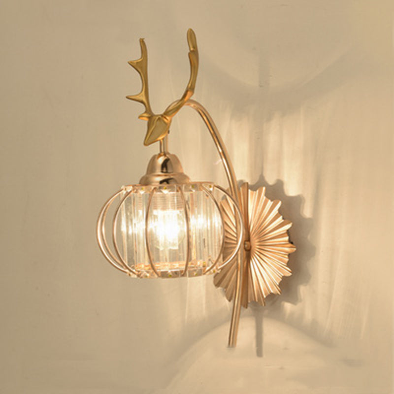 Gold Finish Deer Wall Light Modern 1 Bulb Metal Sconce Light with Round Crystal Shade