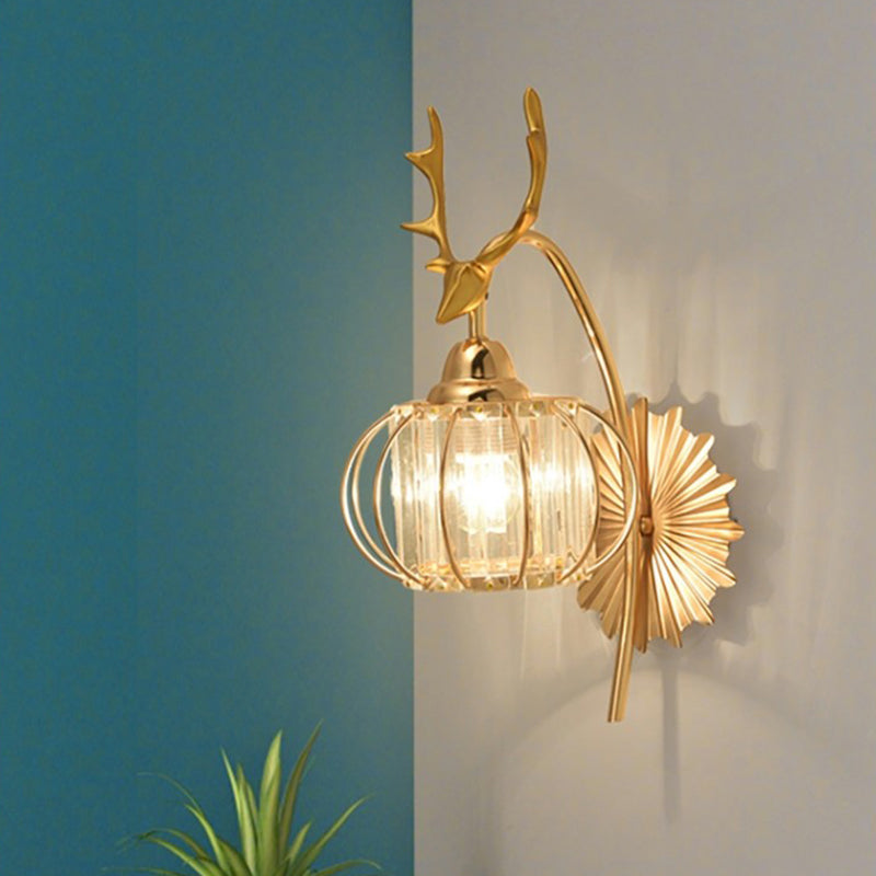 Gold Finish Deer Wall Light Modern 1 Bulb Metal Sconce Light with Round Crystal Shade
