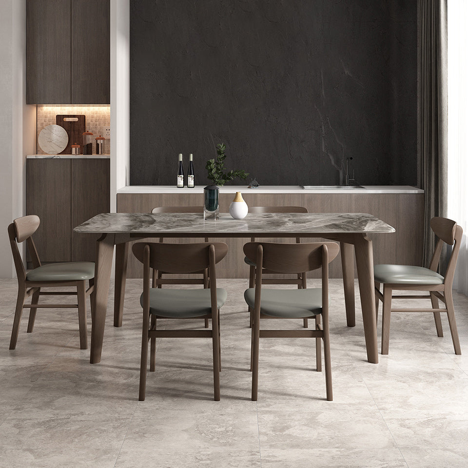 Modern Style Sintered Stone Dining Table with Grey Table and 4 Solid Wood Legs Base for Home Use