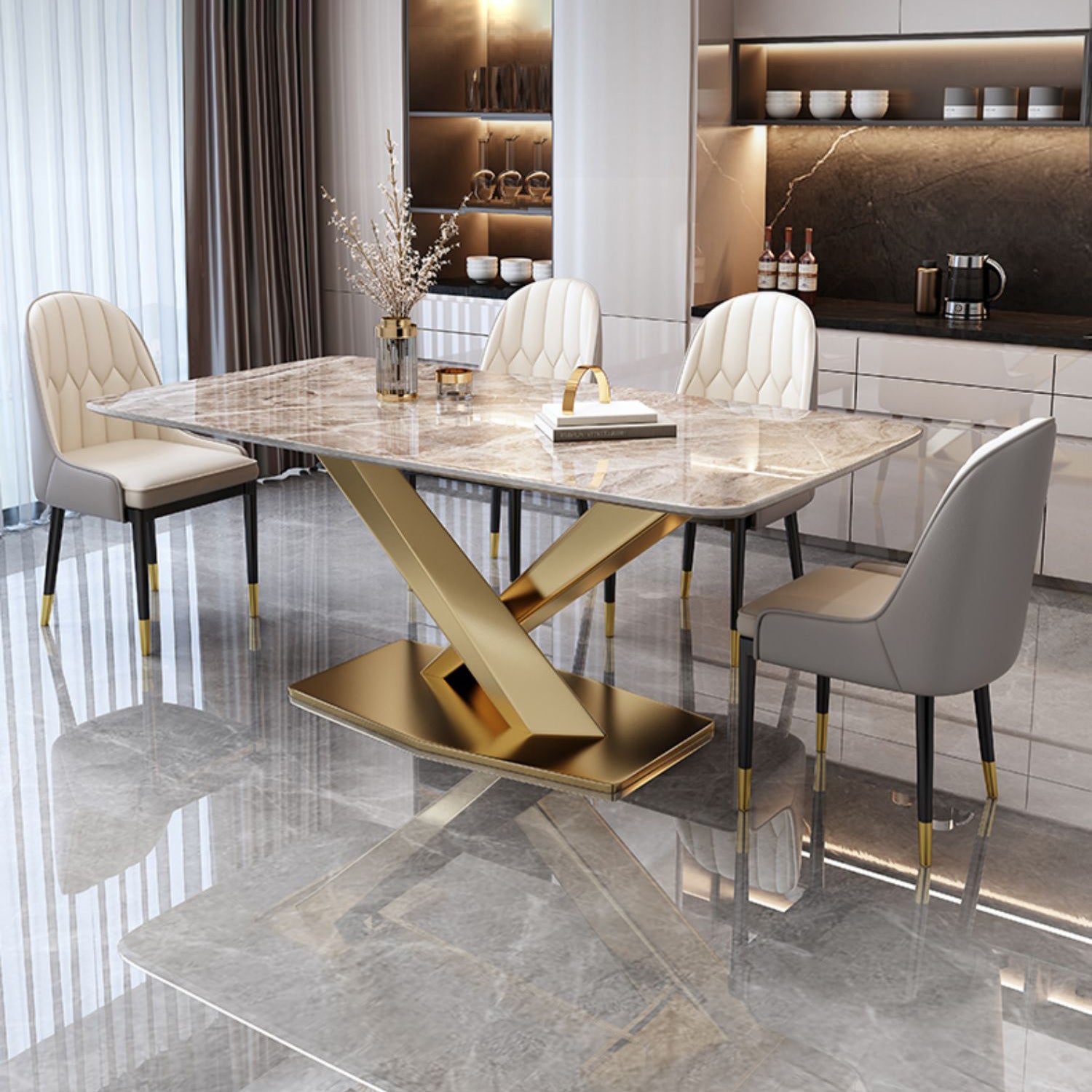 Sintered Stone Modern Dining Room Set with Rectangle Table and Metal Base Dining Set