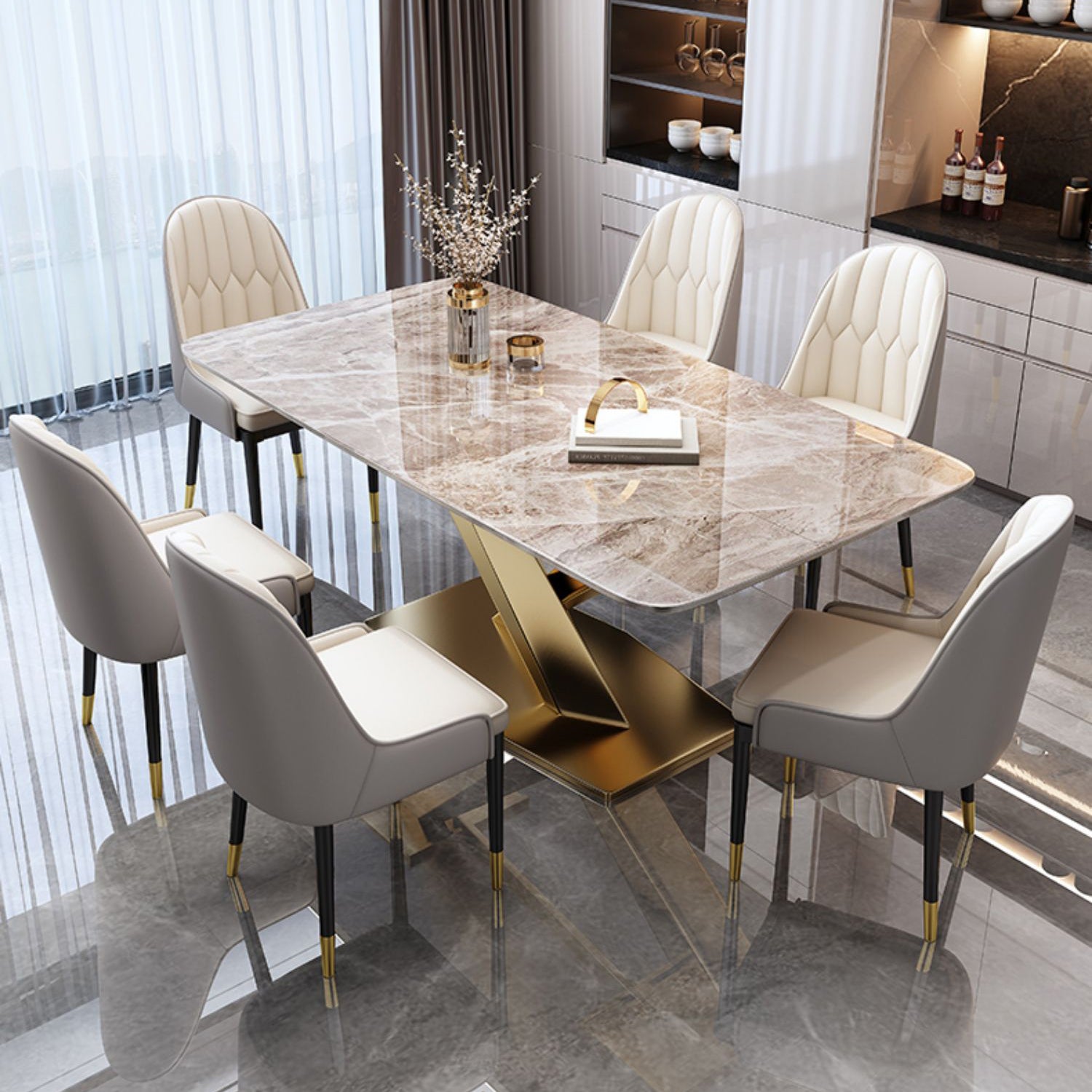 Sintered Stone Modern Dining Room Set with Rectangle Table and Metal Base Dining Set