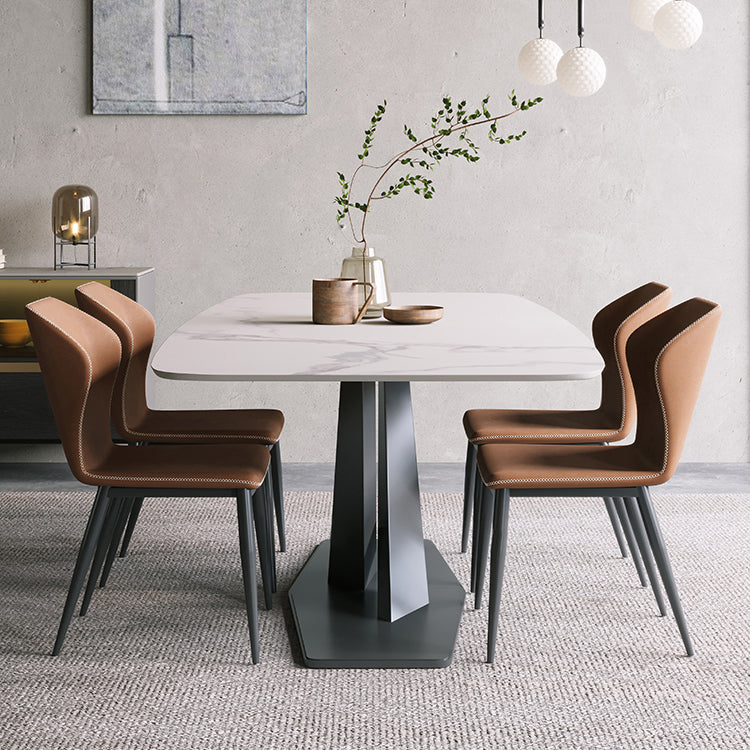 Juego de comedor de piedra sinterizada minimalista con top rectángulo y juego de mesa de base de base negra