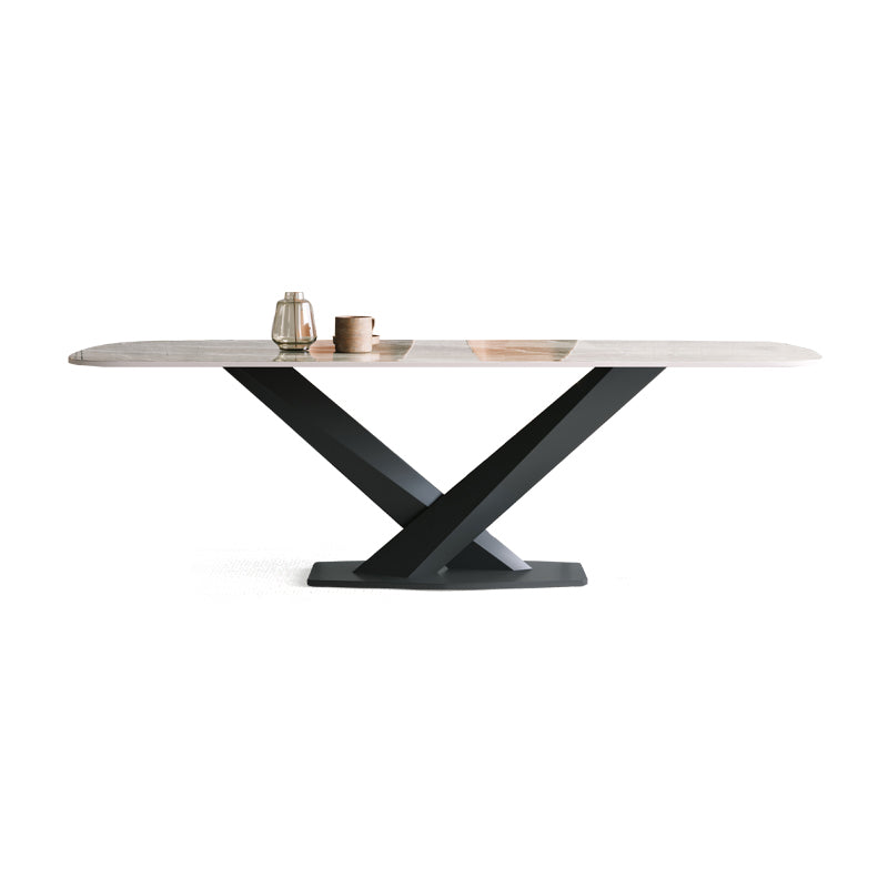 Juego de comedor de piedra sinterizada minimalista con top rectángulo y juego de mesa de base de base negra