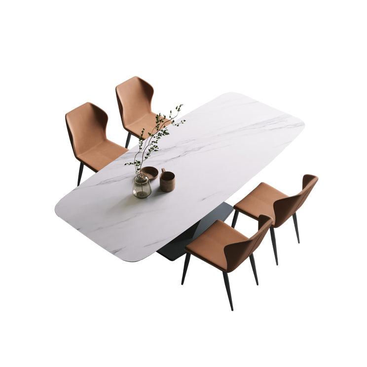 Juego de comedor de piedra sinterizada minimalista con top rectángulo y juego de mesa de base de base negra