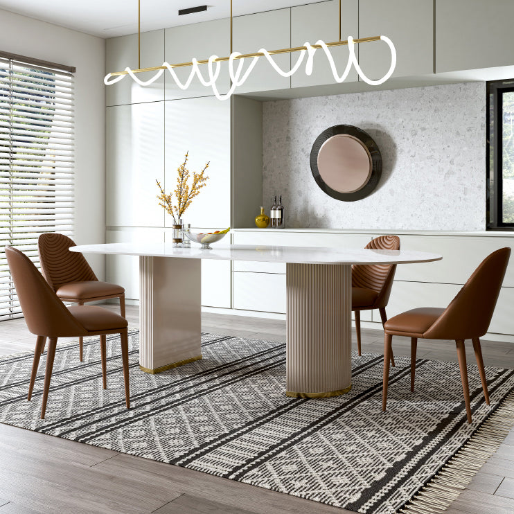 Minimalist White Standard Dining Set Rectangular Kitchen Dining Set with Double Pedestal Base