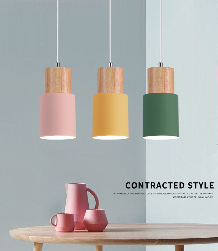 Macaron minimaliste moderne Lampe suspendue en bois de la lampe cylindrique avec une teinte en aluminium