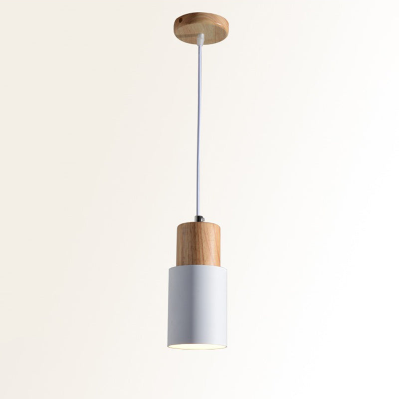 Wooden Cylindrical Single Pendant Light in Modern Concise Style Aluminium Macaron Hanging Lamp