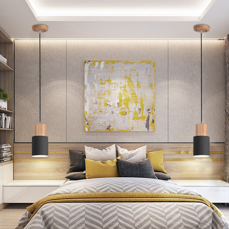 Wooden Cylindrical Single Pendant Light in Modern Concise Style Aluminium Macaron Hanging Lamp