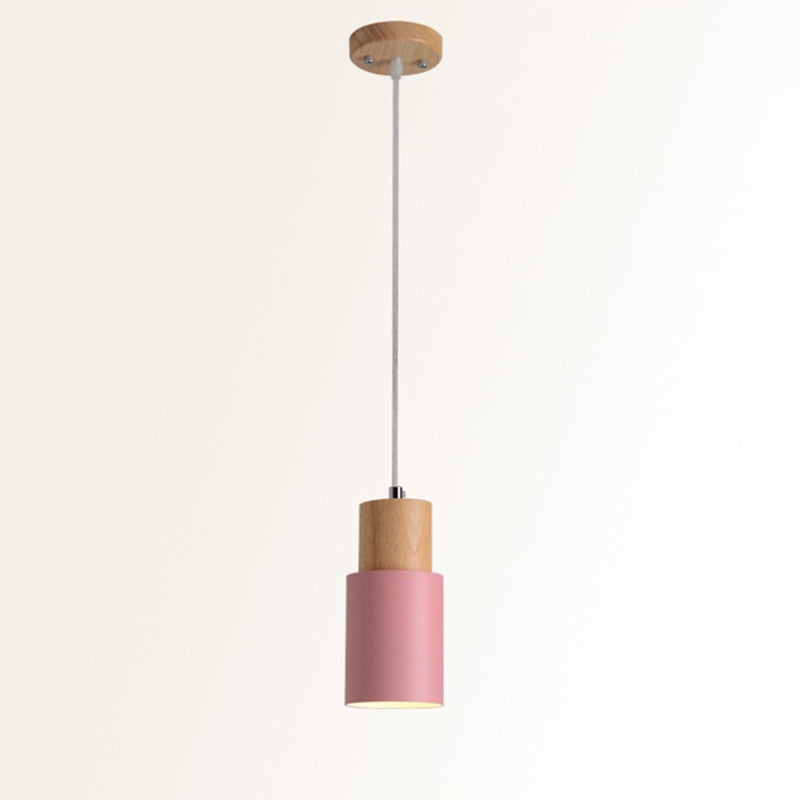 Wooden Cylindrical Single Pendant Light in Modern Concise Style Aluminium Macaron Hanging Lamp