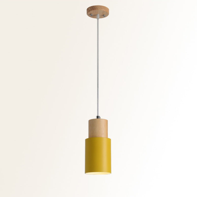 Wooden Cylindrical Single Pendant Light in Modern Concise Style Aluminium Macaron Hanging Lamp
