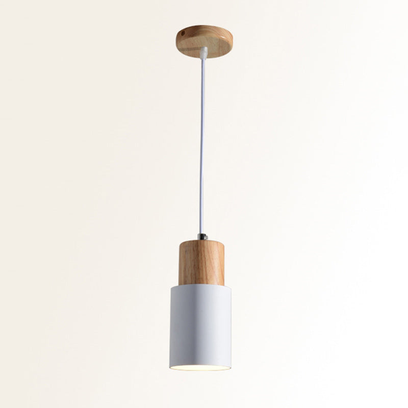 Wooden Cylindrical Single Pendant Light in Modern Concise Style Aluminium Macaron Hanging Lamp