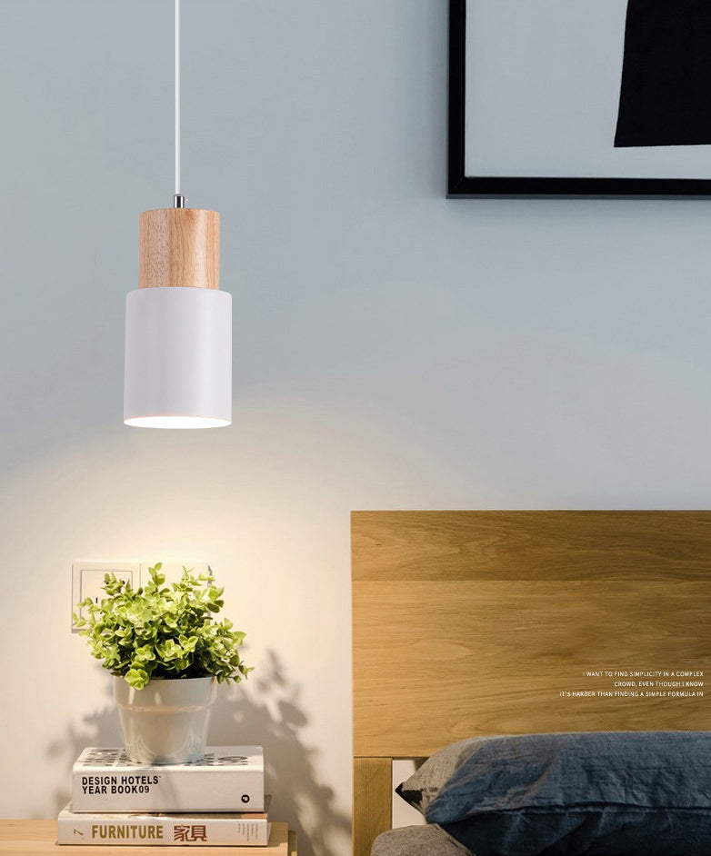 Wooden Cylindrical Single Pendant Light in Modern Concise Style Aluminium Macaron Hanging Lamp
