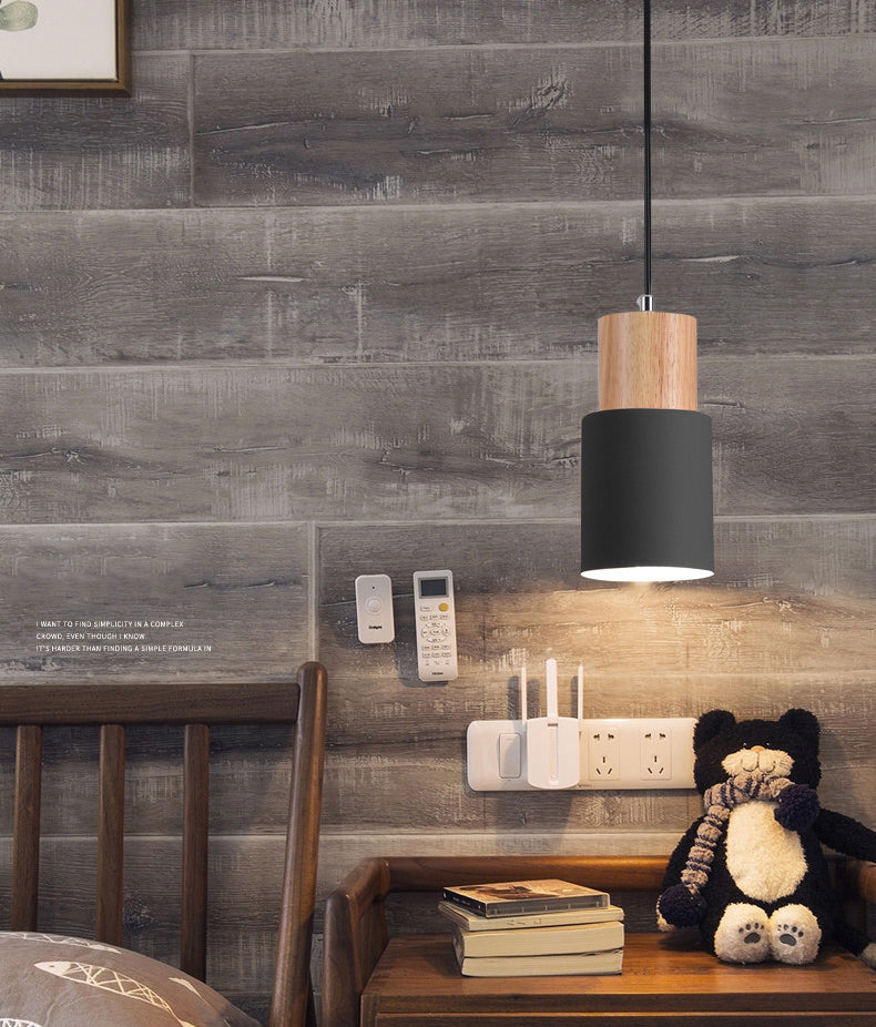 Wooden Cylindrical Single Pendant Light in Modern Concise Style Aluminium Macaron Hanging Lamp