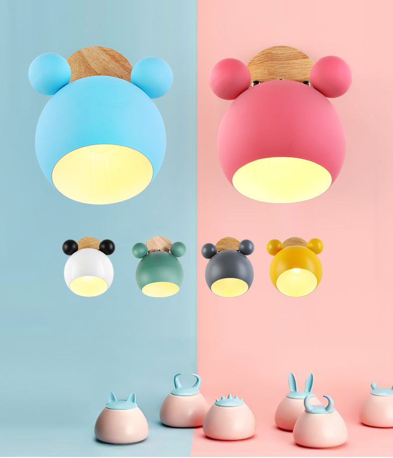 Modern Nordic Macaron Wall Lamp Wooden Globe Wall Light with Wrought Iron Shade