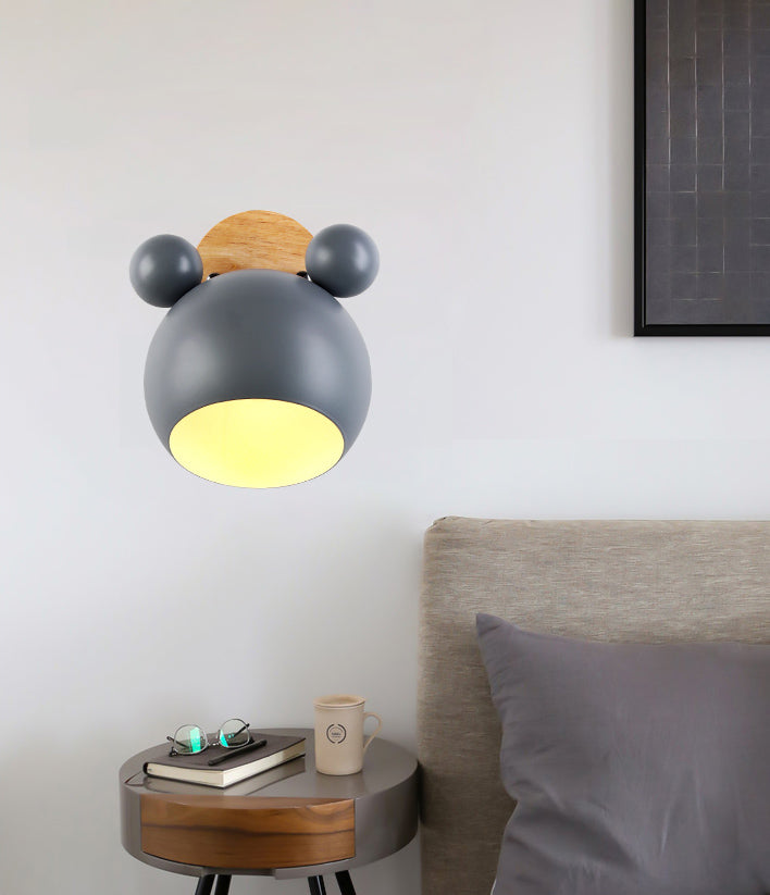 Modern Nordic Macaron Wall Lamp Wooden Globe Wall Light with Wrought Iron Shade