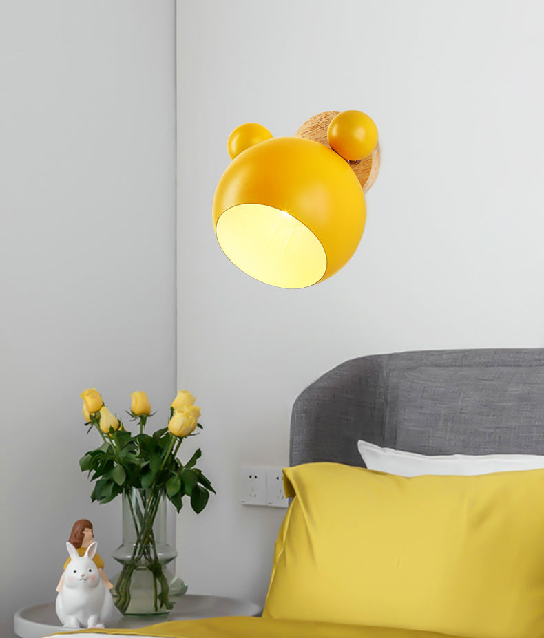 Modern Nordic Macaron Wall Lamp Wooden Globe Wall Light with Wrought Iron Shade