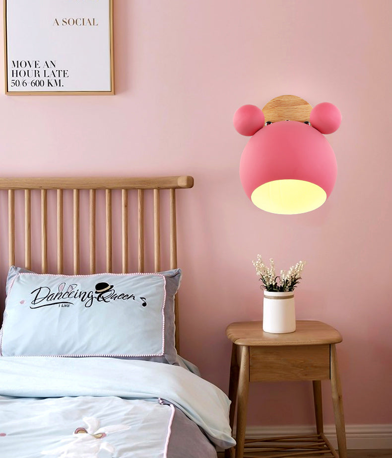Modern Nordic Macaron Wall Lamp Wooden Globe Wall Light with Wrought Iron Shade